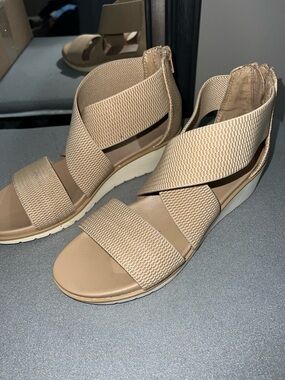 MIA Neutral Tan Elastic Criss-Cross-Strap Wedge Sandals